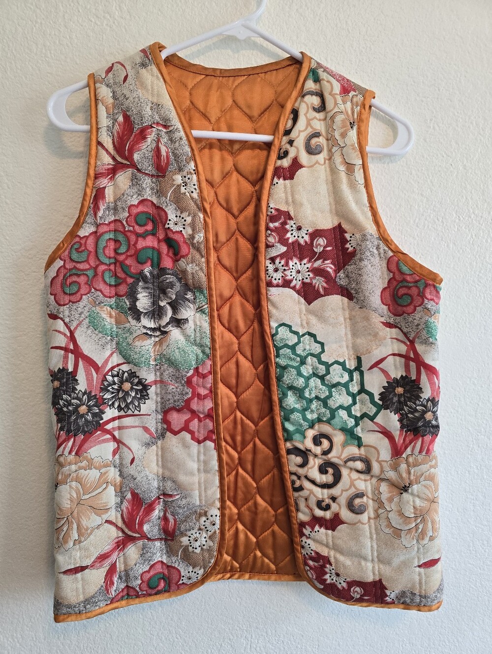 Vintage Reversible Quilted Floral Orange Patchwork Vest Boho Cottagecore S-L